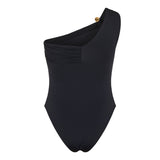 Safety pin gathered one-piece swimsuit