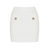 Button-embellished tweed mini skirt