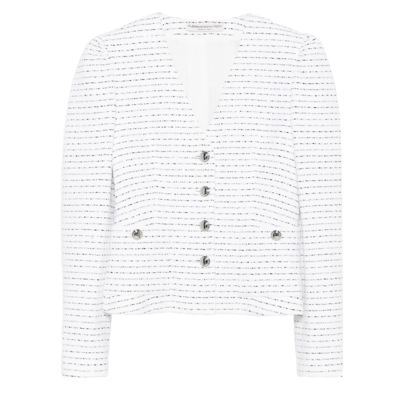 White textured cardigan with buttons on a white background
