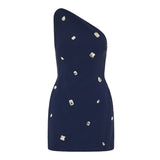 One-shoulder crystal-embellished mini dress