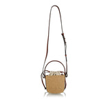 Embossed leather-trimmed faux raffia bucket bag