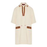 Horsebit-embellished leather-trimmed linen mini dress