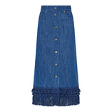 Tasseled fringed denim midi skirt