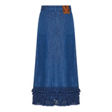 Tasseled fringed denim midi skirt