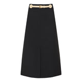 Belted wool and silk midi skirt
