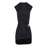 Crystal brooch embellished ruched mini dress