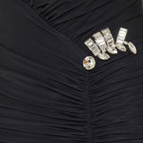 Crystal brooch embellished ruched mini dress