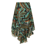 Asymmetric silk printed midi skirt