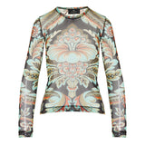 Meshed long-sleeved printed top