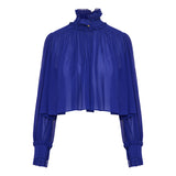 Maxi gathered high‑neck silk top