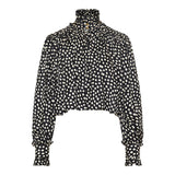 Maxi gathered high‑neck silk top