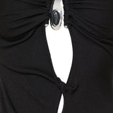 Crystal‑pendant open‑twist midi dress