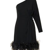 One‑shoulder silk mini dress with feathers