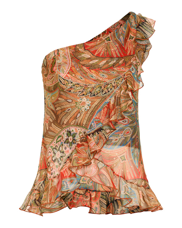 One-shoulder ruffled sleeveless top