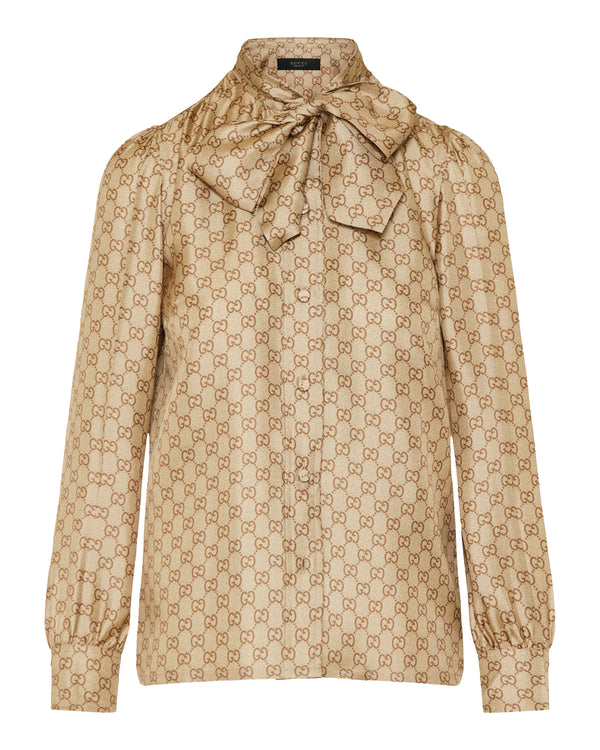 GG tie-neck printed silk twill shirt