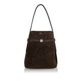 Belted suede bucket bag
