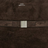 Belted suede bucket bag