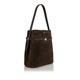 Belted suede bucket bag