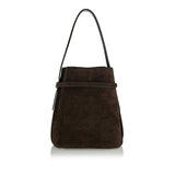 Belted suede bucket bag
