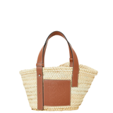 Small leather-trimmed woven raffia tote bag