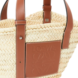 Small leather-trimmed woven raffia tote bag