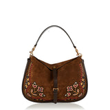 Embroidered leather‑trimmed suede shoulder bag