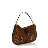 Embroidered leather‑trimmed suede shoulder bag