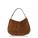 Embroidered leather‑trimmed suede shoulder bag