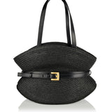 Shuffle Medium leather-trimmed raffia shoulder bag