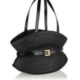 Shuffle Medium leather-trimmed raffia shoulder bag