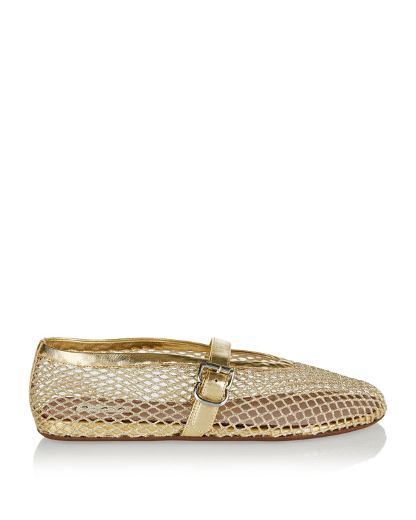 Metallic leather-trimmed mesh ballet flats