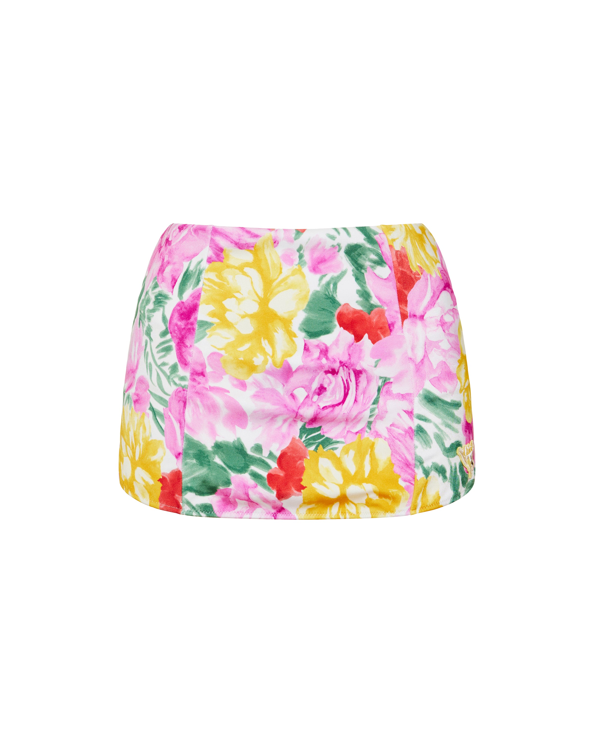 Floral skirt with pink, yellow, and green colors on a white background