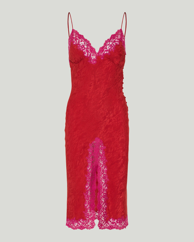 Saint Laurent Lace-trimmed silk satin midi dress