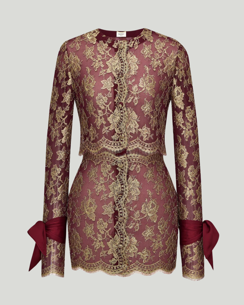 Saint Laurent Lavallière-cuff metallic lace mini dress