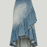 Alaïa Ruffled denim midi wrap skirt