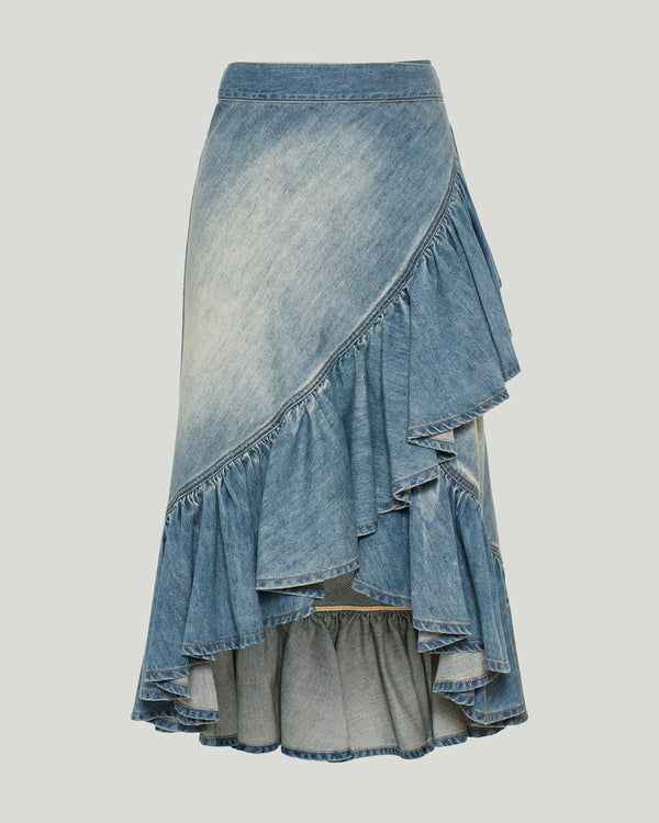 Alaïa Ruffled denim midi wrap skirt
