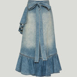 Alaïa Ruffled denim midi wrap skirt