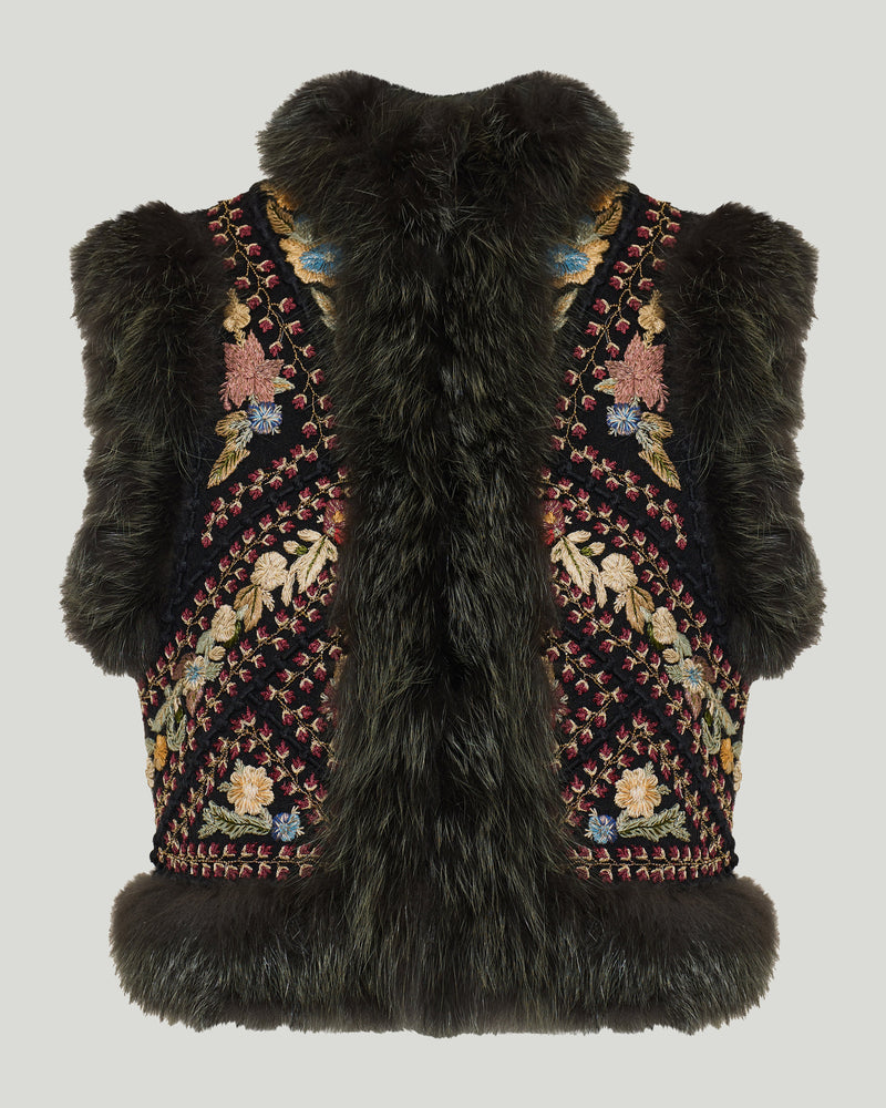 Fendi embroidered tulle gilet with fox fur trim