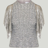 Rabanne Chainmail-trimmed sequined mesh blouse