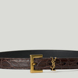 Saint Laurent Cassandre thin croc-embossed leather belt