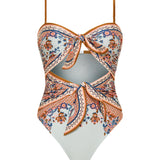 Zimmermann Aster strapless knot-detailed cut-out printed swimsuit