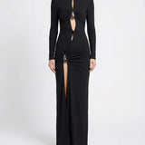 Crystal‑pendant open‑twist midi dress