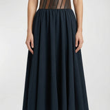 Leather‑trimmed wool midi skirt