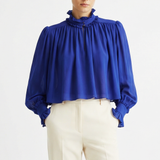 Maxi gathered high‑neck silk top