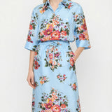 Floral print silk twill midi skirt