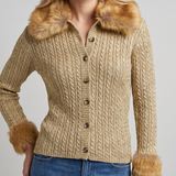 Saint Laurent Cable-knit shearling-trimmed lurex cardigan