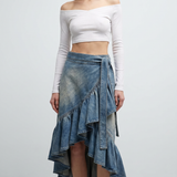 Alaïa Ruffled denim midi wrap skirt