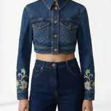 Cropped denim jacket with floral embroidery