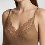 Laced ribbed silk tank top