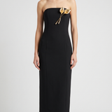 Carolina Herrera strapless dress with calla lily brooch